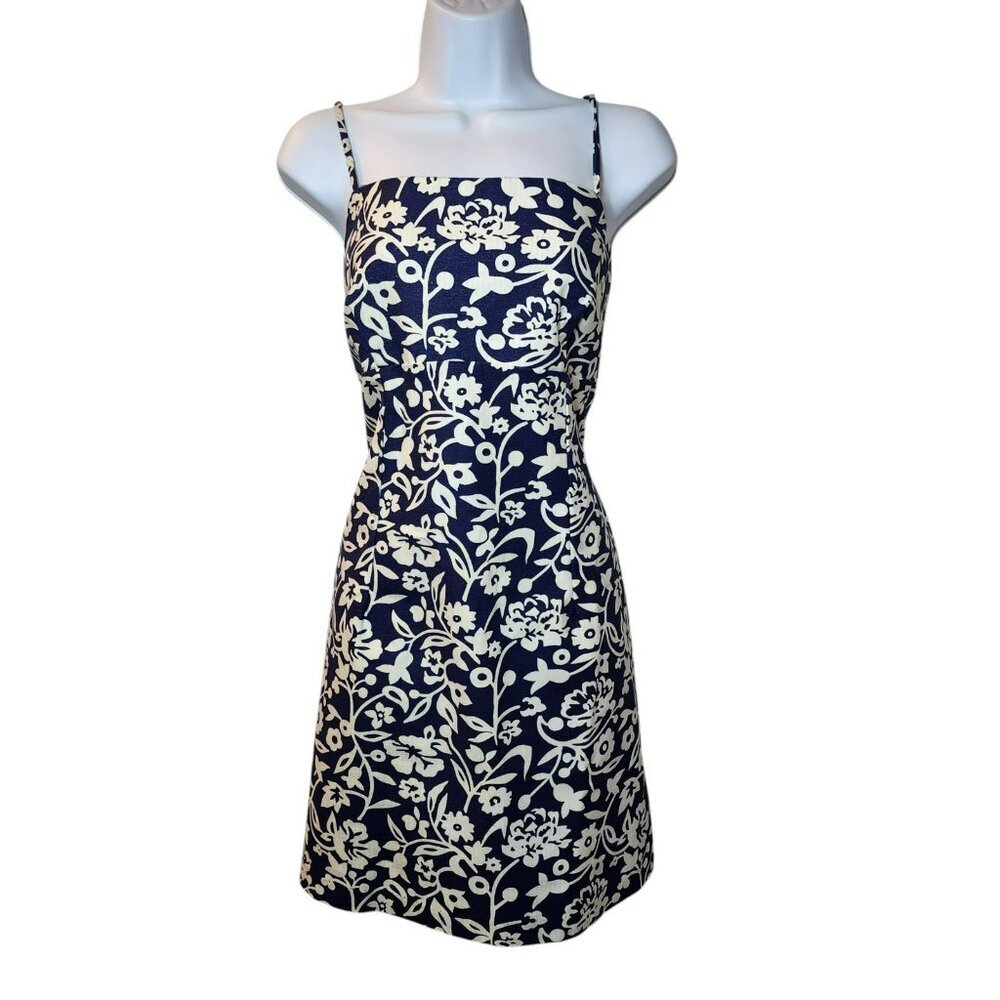 La Belle Fashions Inc Dress Size‎ 11 Navy White Floral Cotton USA Made Vintage